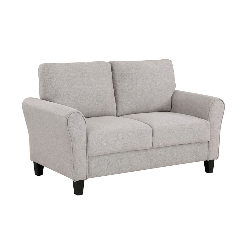 Leroi Loveseat, 58 Inch, Gray Fabric and Round Flared Armrests - Benzara