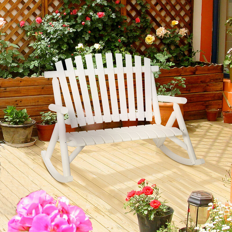 Outsunny Outdoor Wooden Rocking Chair, Double-person Adirondack Rocking Patio Chair with Rustic High Back, Slatted Seat and Backrest for Indoor, Backyard, Garden, White