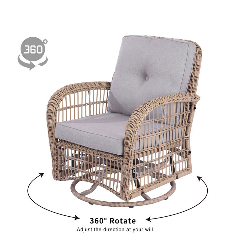 3 Pieces Outdoor Wicker Swivel Rocking Chair Set, Patio Bistro Sets with 2 Rattan Rocker Chairs and Glass Coffee Table for Backyard