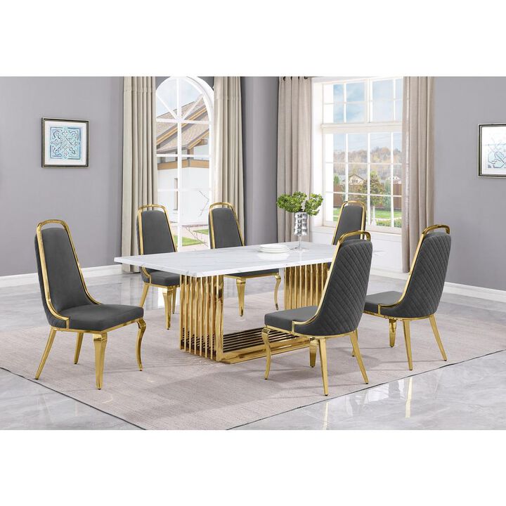 7pc Small(68") marble top dining set with gold base and 6 Dark grey side chairs