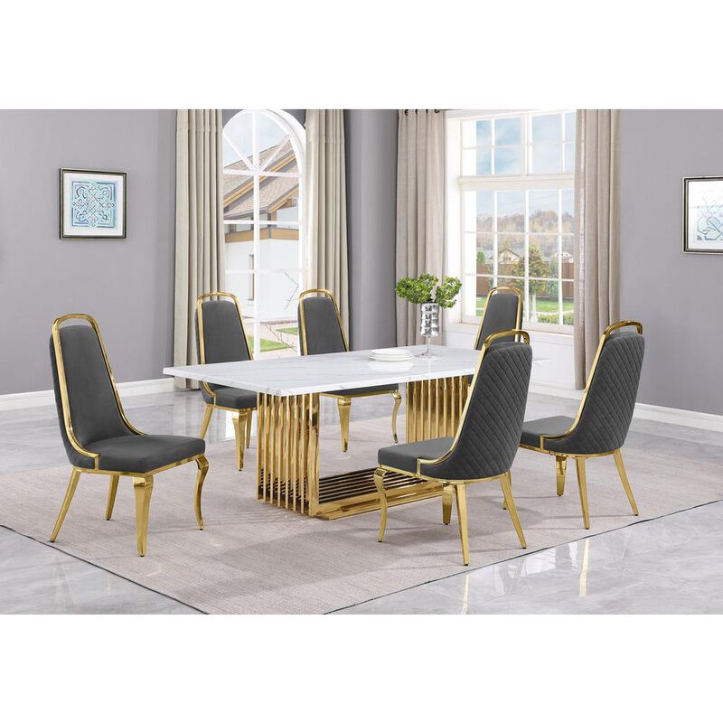 7pc Small(68") marble top dining set with gold base and 6 Dark grey side chairs