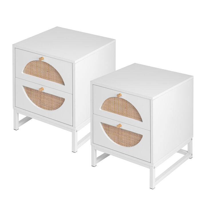 Allen 2 Drawer Nightstand Set of 2, White, Natural Rattan, Display Rack for Bedroom and Living Room