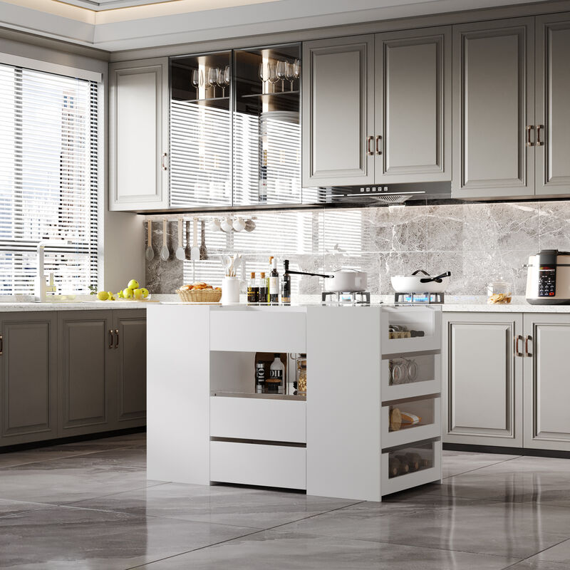 FUFU&GAGA White 14-Drawer Kitchen Island with Wooden Shelf, P2 MDF Construction, and Tempered Glass, (47.2"W x 23.6"D x 31.5"H), White