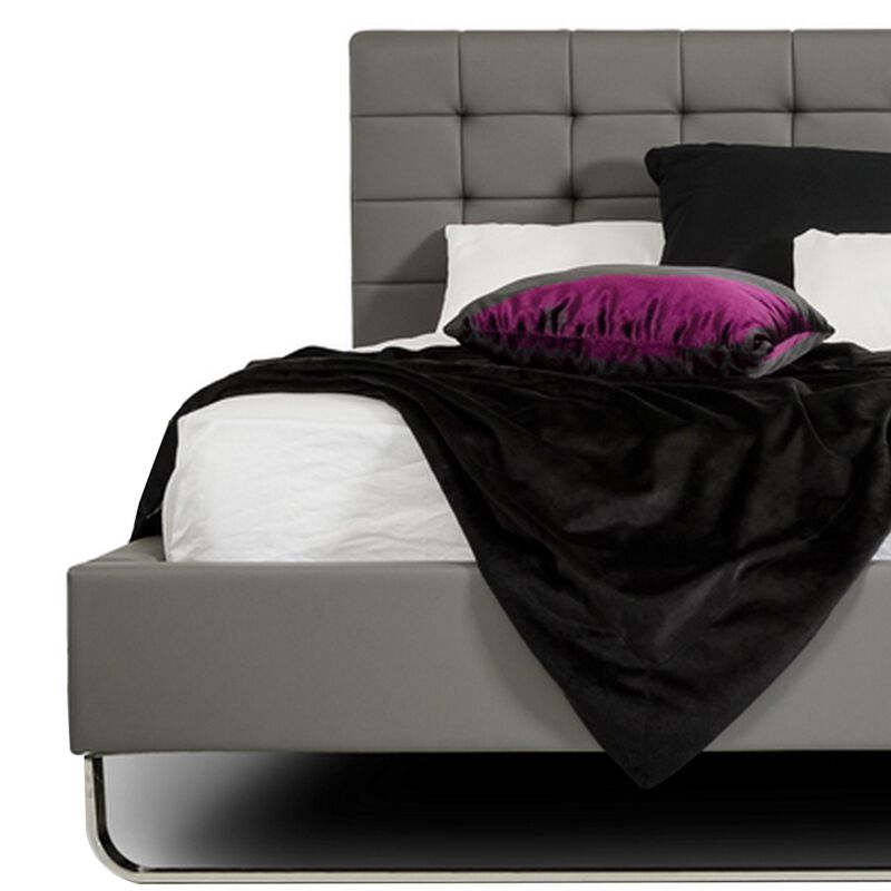 Ani King Size Platform Bed, Plush Tufted Gray Faux Leather Upholstery - Benzara