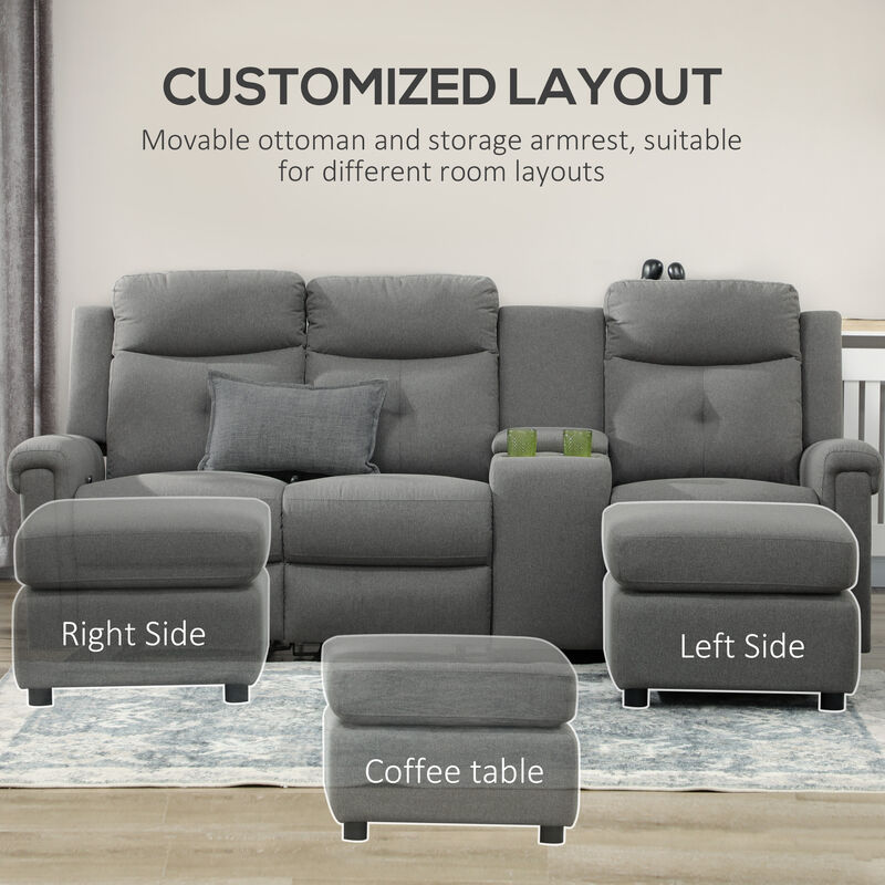 HOMCOM L-Shaped Sofa, Manual Reclining Sectional with Chaise Ottoman, Storage Console, Cup Holders, USB Charging, Gray