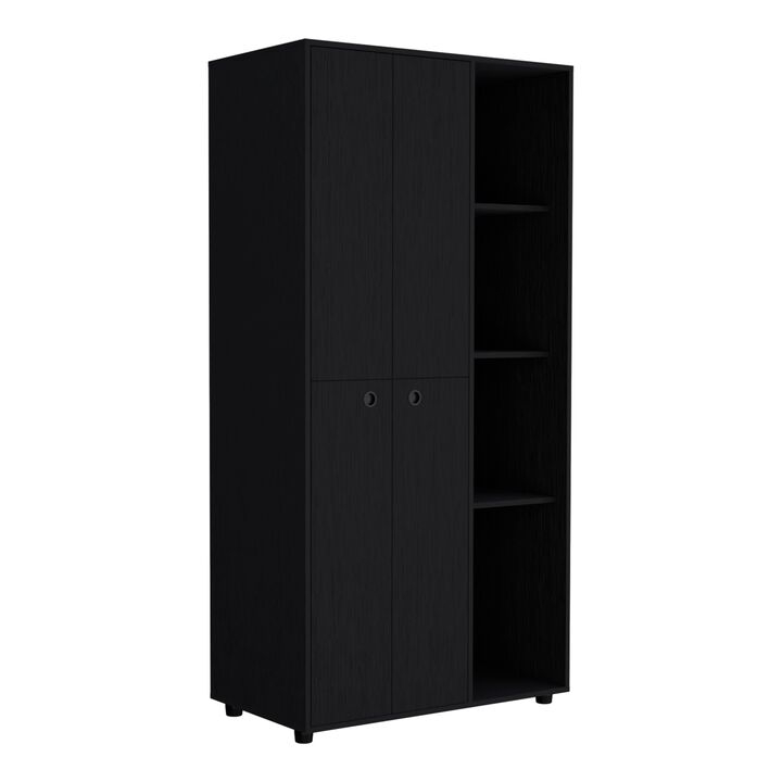 DEPOT E-SHOP Minto Armoire with 2-door Storage with Metal Rods, Drawer, 3 Open Shelves, Black