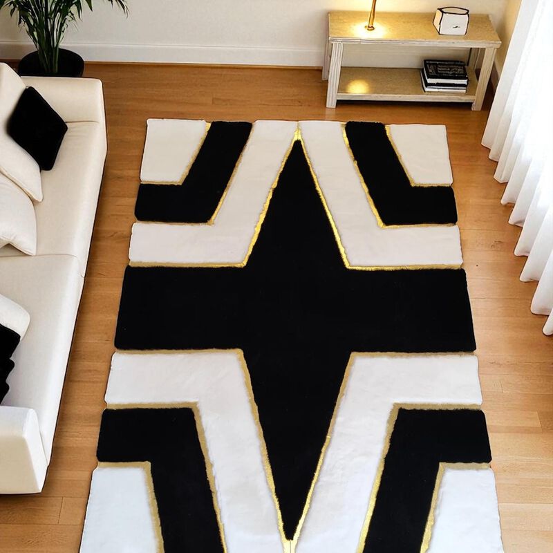 Black and White Plush Area Rug with Bold Contrast Design, Custom Size Plush Carpet image number 1