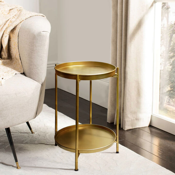 Vica 20 Inch High Round Side End Table with 2 Tier Iron Frame, Matte Gold