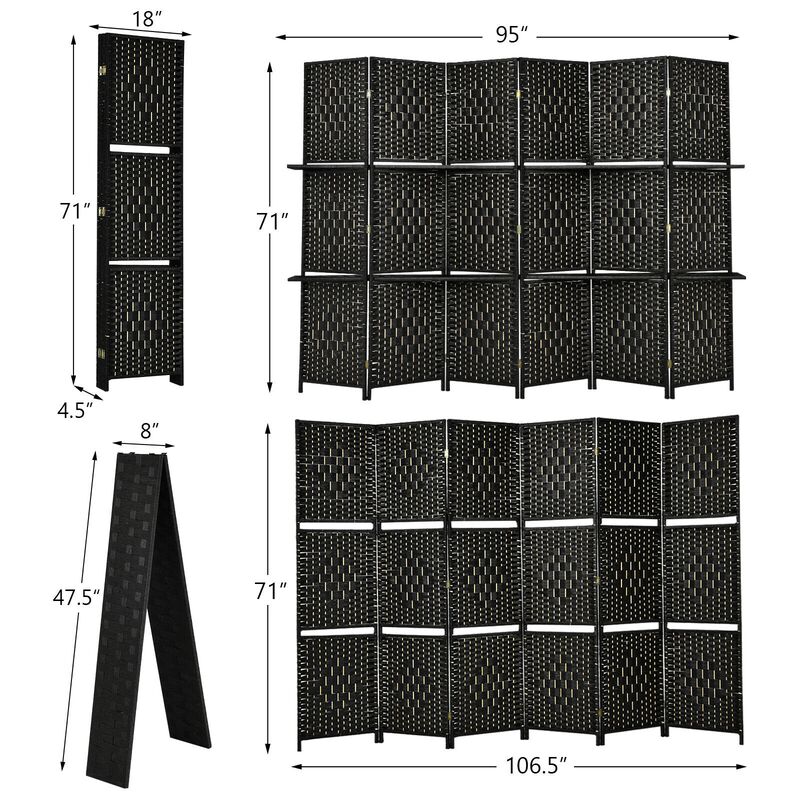 6 Panel Folding Weave Fiber Room Divider With 2 Display Shelves