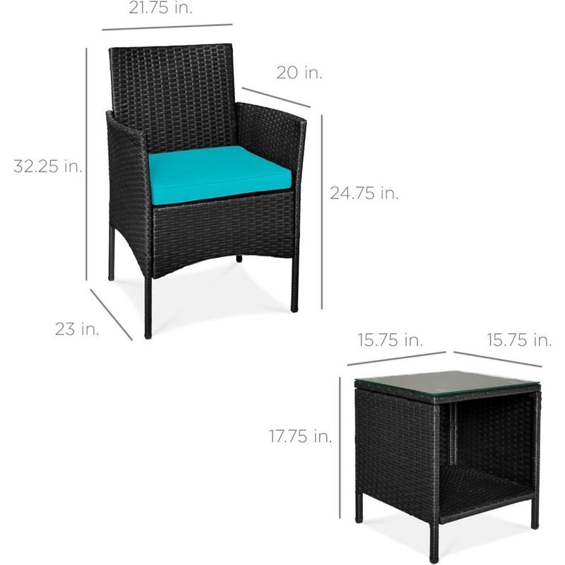Hivvago 3-Piece Black PE Wicker Outdoor Dining Patio Furniture Set w/ Teal Blue Cushions