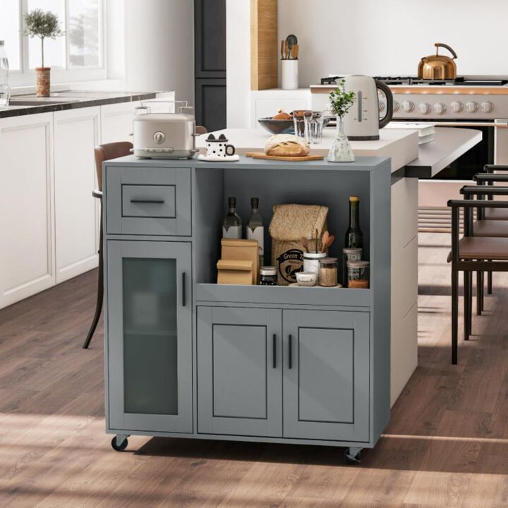 Hivvago Rolling Kitchen Island with Wheels Drawer and Glass Door Cabinet