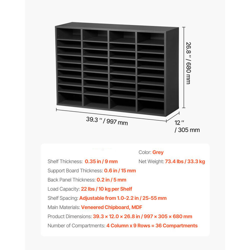 Wooden Literature Organizer with Adjustable Shelves, 36 Slot Mailbox for Office & Classroom image number 2