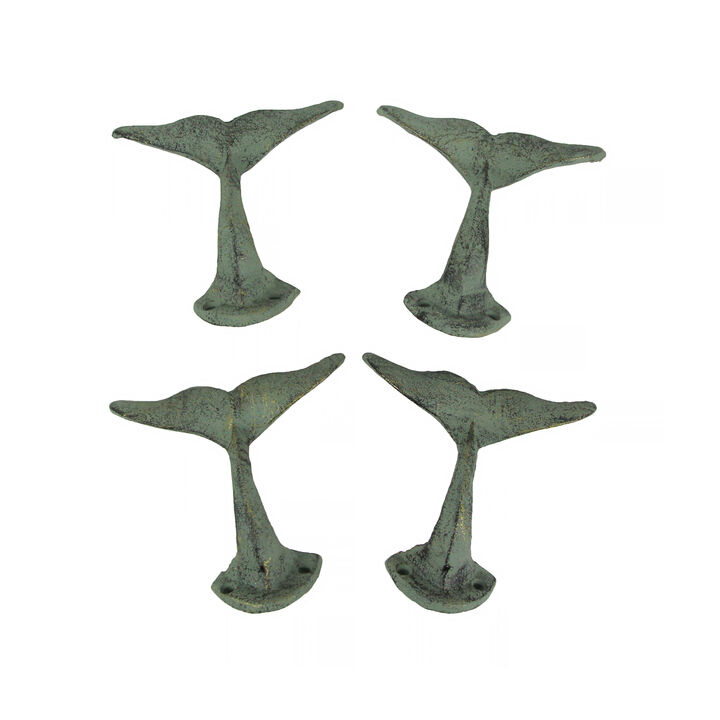 Set of 4 Durable Cast Iron Whale Tail Wall Hooks with Verdigris Green Finish - Nautical Decorative Hooks for Coats, Robes, or Leashes - 4.5 Inches Long
