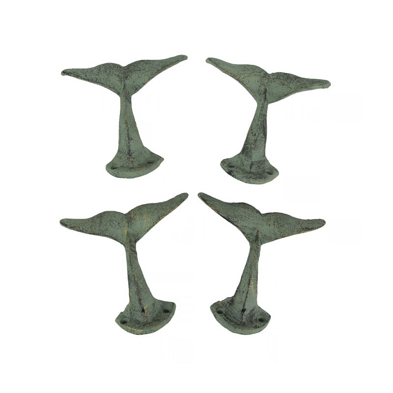 Set of 4 Durable Cast Iron Whale Tail Wall Hooks with Verdigris Green Finish - Nautical Decorative Hooks for Coats, Robes, or Leashes - 4.5 Inches Long image number 0