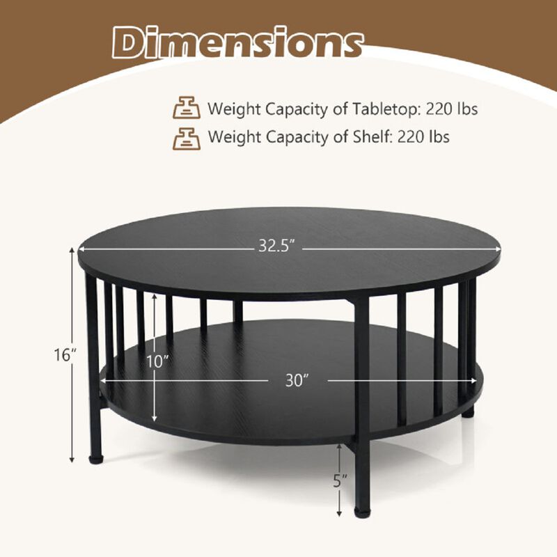 2 Tier Round Coffee Table with Open Storage Shelf and Metal Frame image number 2