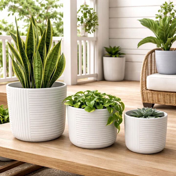 Kena Planter Set of 3, White Ceramic, Ribbed Texture Pots, 12 10 8 Inch