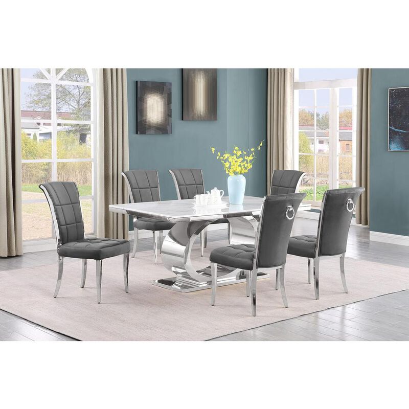 7pc Small(68") marble top dining set with silver base and 6 Dark grey chairs