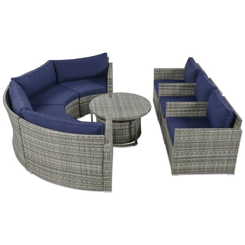 Whisen Modern Style Outdoor Half-moon Patio Sofa Set, 9-Pieces Round Sofa Set - Blue