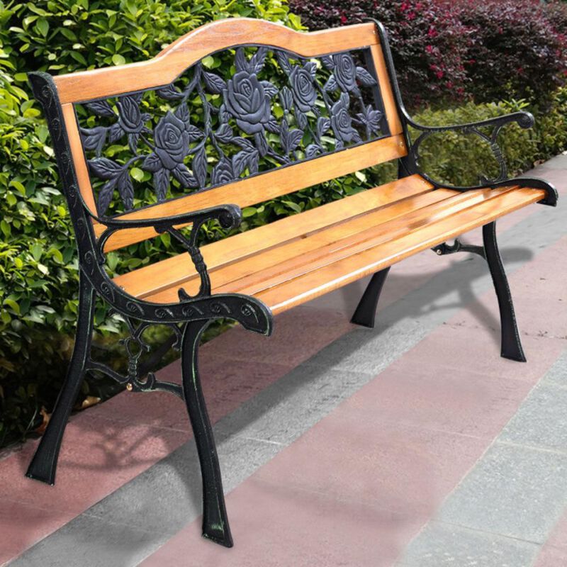 Hivvago Garden Bench Chair Outdoor Wooden Loveseat with Iron Armrest