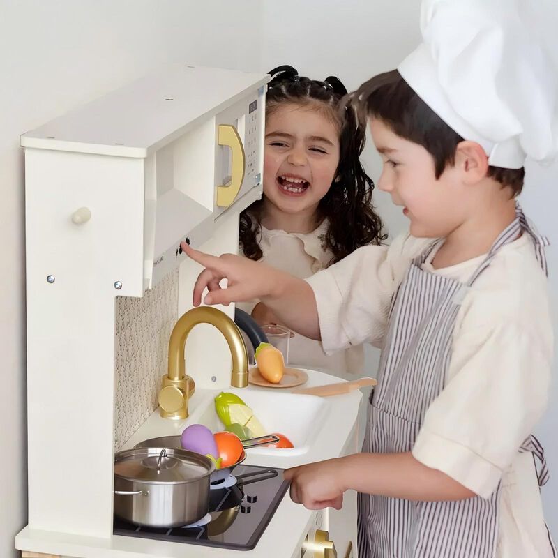PopJoy Play Kitchen for Kids - Wooden Pretend Play Set with Lights & Sounds & Adjustable Height, Wooden Chef Pretend Play Set image number 9