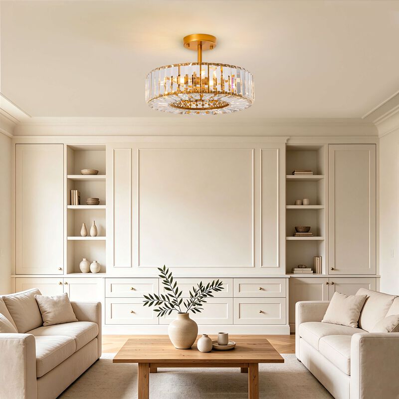 Sonia 15" 4- Light Clear Crystal Glass Round Drum Semi-Flush Mount - Low-gloss Warm Brass Finish image number 2