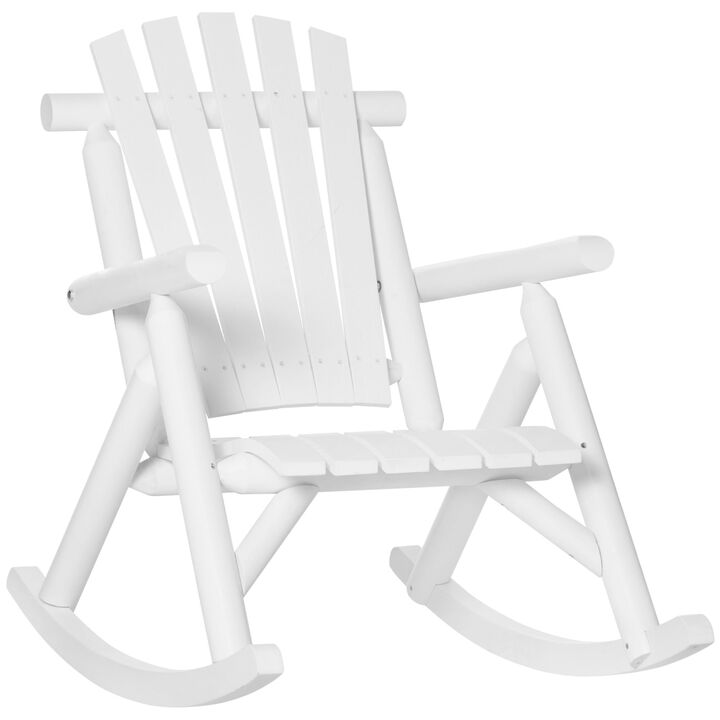Wooden Rustic Rocking Chair, Indoor Outdoor Adirondack Log Rocker with Slatted Design for Patio, Lawn, White