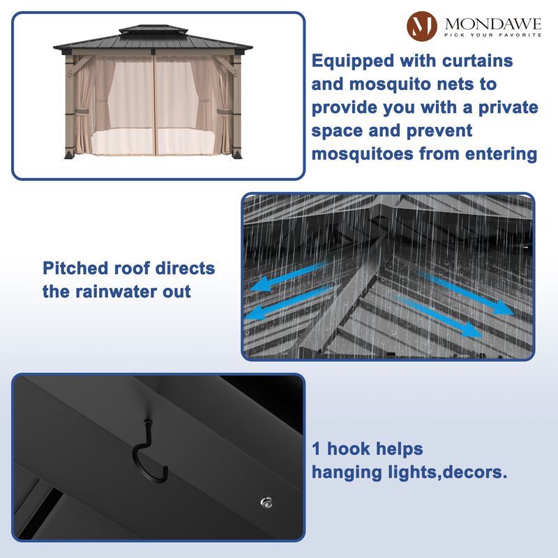 Mondawe Beverly Hills 10 ft. x 12 ft. Outdoor Fir Solid Wood Frame Patio Gazebo Canopy Shelter Galvanized Steel Hardtop with Netting And Curtain