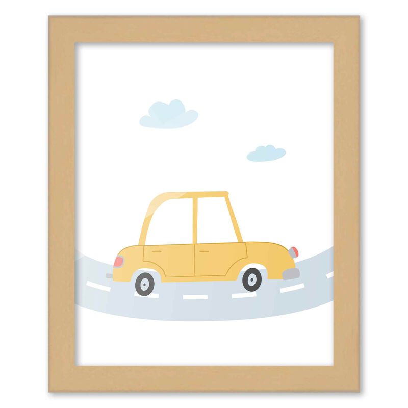 8x10 Framed Nursery Wall Art Hand Drawn Yellow Car Poster in Natural Wood Frames For Kid Bedroom or Playroom