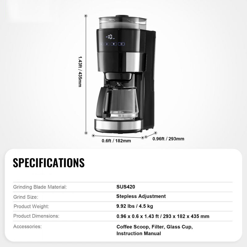 Coffee Maker with Built-In Grinder, 10 Cup Brew Machine with Adjustable Strength Settings-Black image number 2