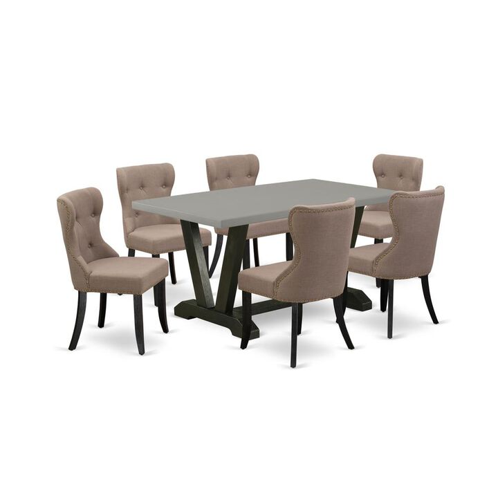 East West Furniture V696SI648-7 7-Piece Kitchen Dining Room Set- 6 Kitchen Chairs with Coffee Linen Fabric Seat and Button Tufted Chair Back - Rectangular Table Top & Wooden Legs - Cement and Wire bru
