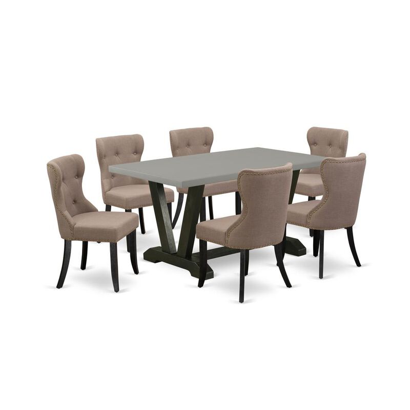 East West Furniture V696SI648-7 7-Piece Kitchen Dining Room Set- 6 Kitchen Chairs with Coffee Linen Fabric Seat and Button Tufted Chair Back - Rectangular Table Top & Wooden Legs - Cement and Wire bru