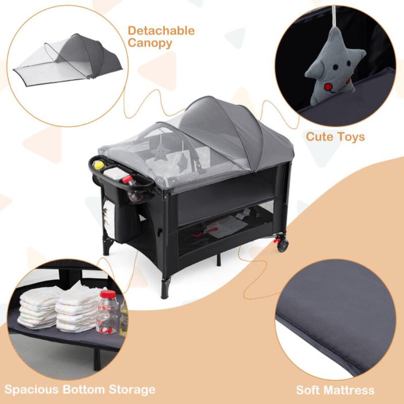 Hivvago Foldable Baby Bassinet with 4 Adjustable Heights Changing Table and Mattress