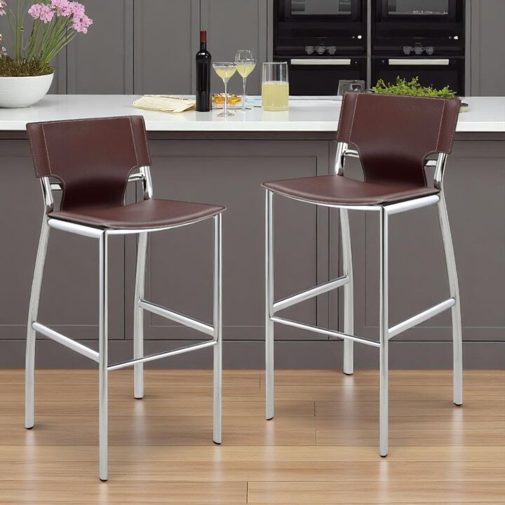 HomeRoots Set of Two 29" Brown and Silver Metal and Faux Leather Low Back Bar Height Bar Chairs