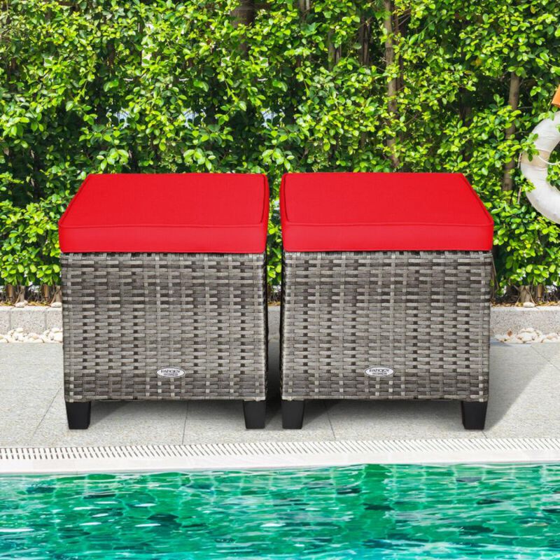 Hivvago 2PCS Patio Rattan Wicker Ottoman Seat with Removable Cushions-Turquoise