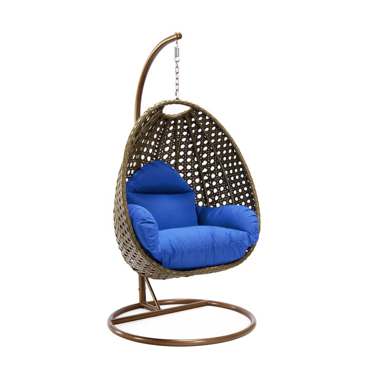 LeisureMod Beige Wicker Rattan Hanging Egg Swing Chair with Stand & Cushion, Perfect for Indoor and Outdoor Relaxation