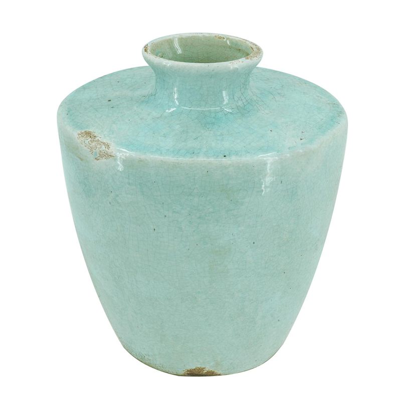Hivvago 12 Inch Aqua Terracotta Crackle Glaze Round Table Vase