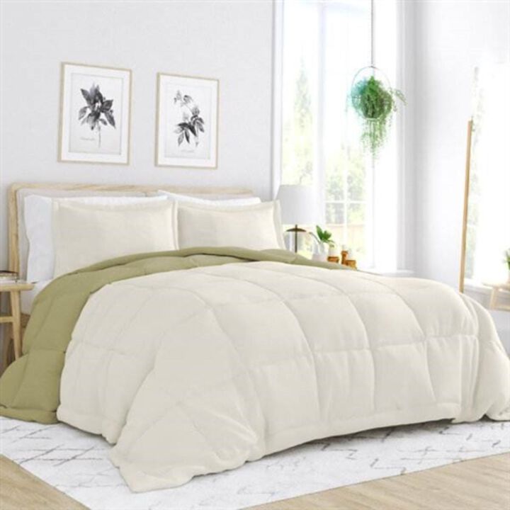 Hivvago King/Cal King 3 Piece Microfiber Reversible Comforter Set in Sage Green/Cream