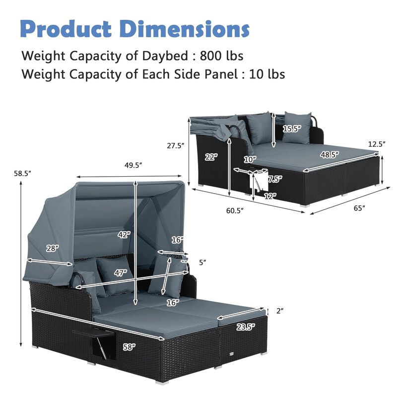 Mondawe Patio Rattan Daybed with Retractable Canopy and Side Tables