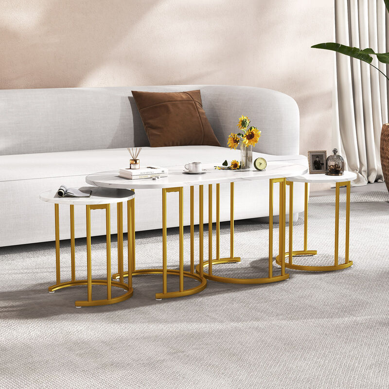 Nesting Coffee Table Set of 3 with Faux Marble Tabletop and Powder-coated Gold Metal Frame image number 4