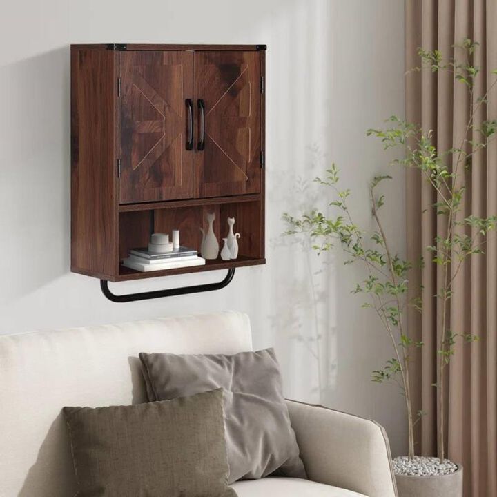 Hivvago Farmhouse Bathroom Wall Cabinet with Towel Bar in Brown Wood Finish