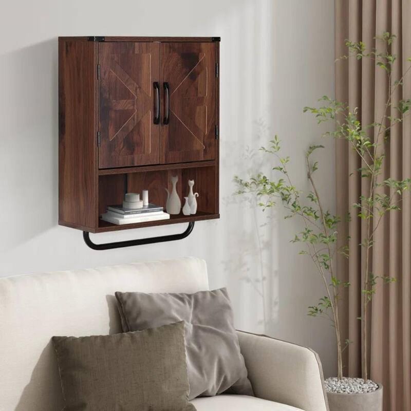 Hivvago Farmhouse Bathroom Wall Cabinet with Towel Bar in Brown Wood Finish