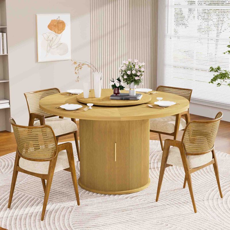 55 Inch Round Dining Table for Six with Rotating Tray and Double Tier Storage Rack Walnut Dining Room Table