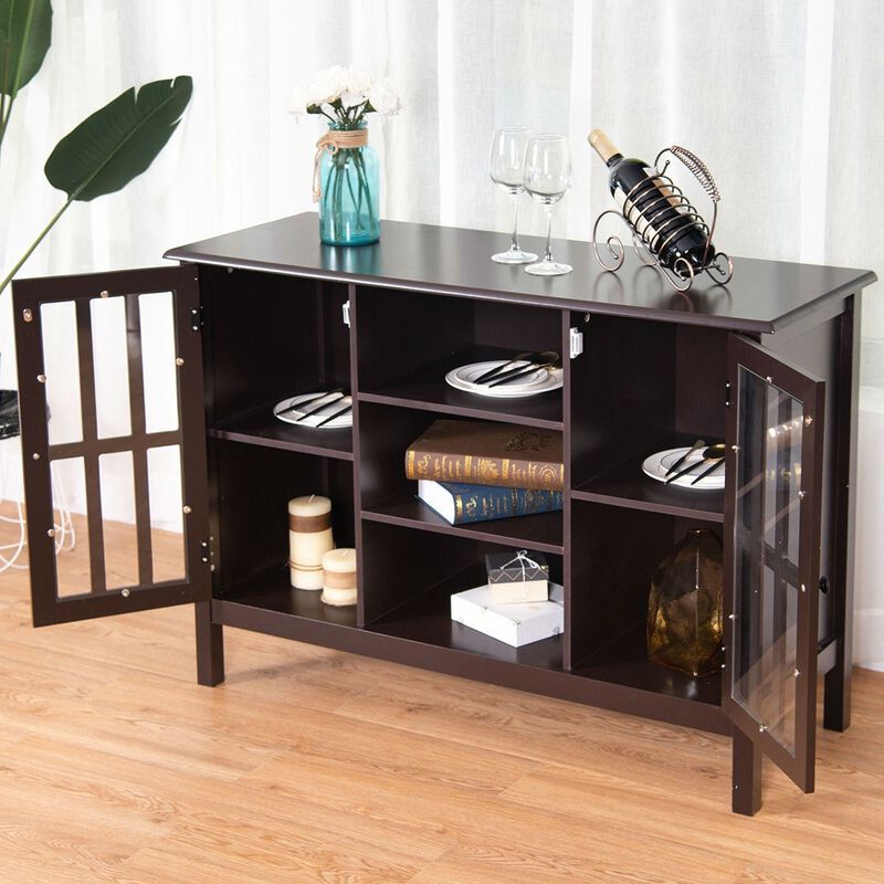 Hivvago Brown Wood Sofa Tale Console Cabinet with Tempered Glass Panel Doors