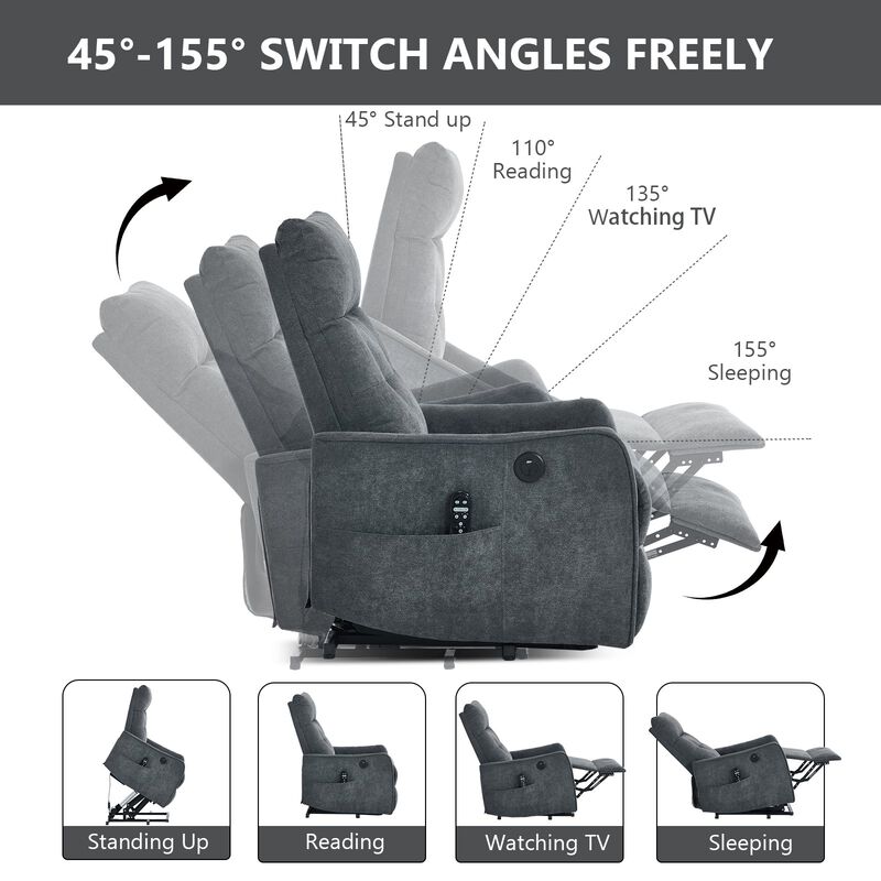 Chenille Power Lift Recliner Chair 155&deg; Recliner with Massage Heat & USB image number 4
