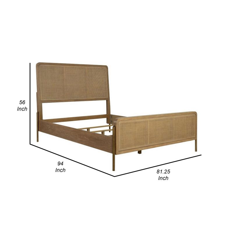 Sea Wood King Size Bed with Woven Cane Design, Open Panel, 4 Slats, Brown - Benzara