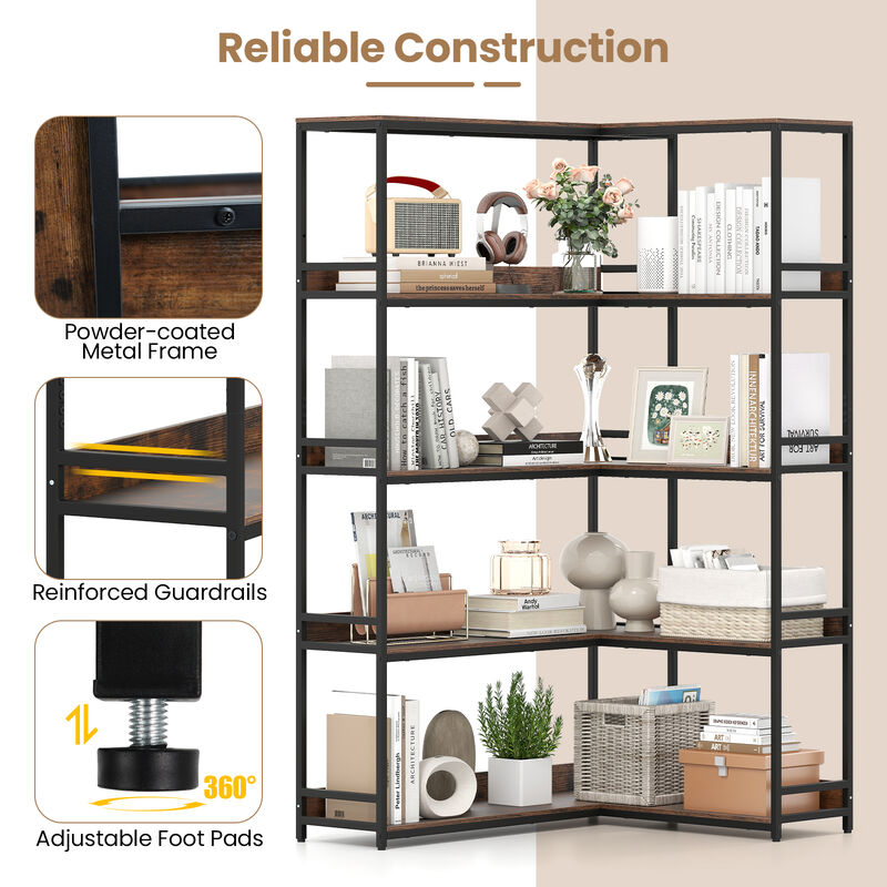 5-Tier L-Shaped Corner Bookshelf with Metal Frame, Space-Saving Etagere Design