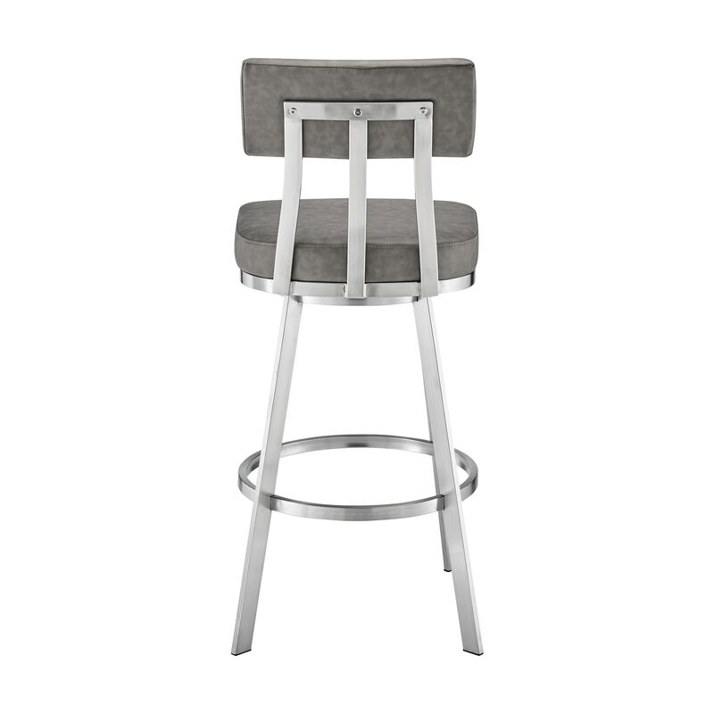 Col 30 Inch Swivel Bar Stool, Gray Vegan Faux Leather, Stainless Steel Legs-Benzara image number 4