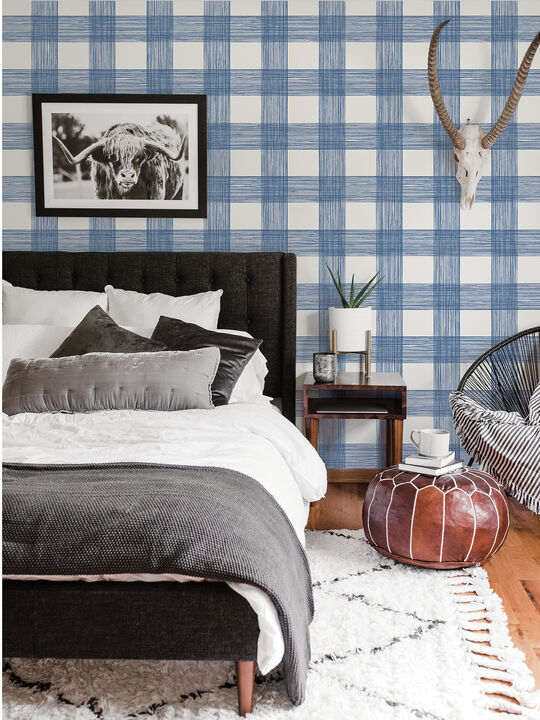 Scarborough Indigo Striated Plaid Wallpaper (Set of 2)