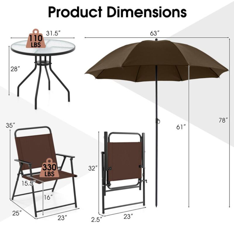 Hivvago 6 Pieces Patio Dining Set Folding Chairs Glass Table Tilt Umbrella for Garden
