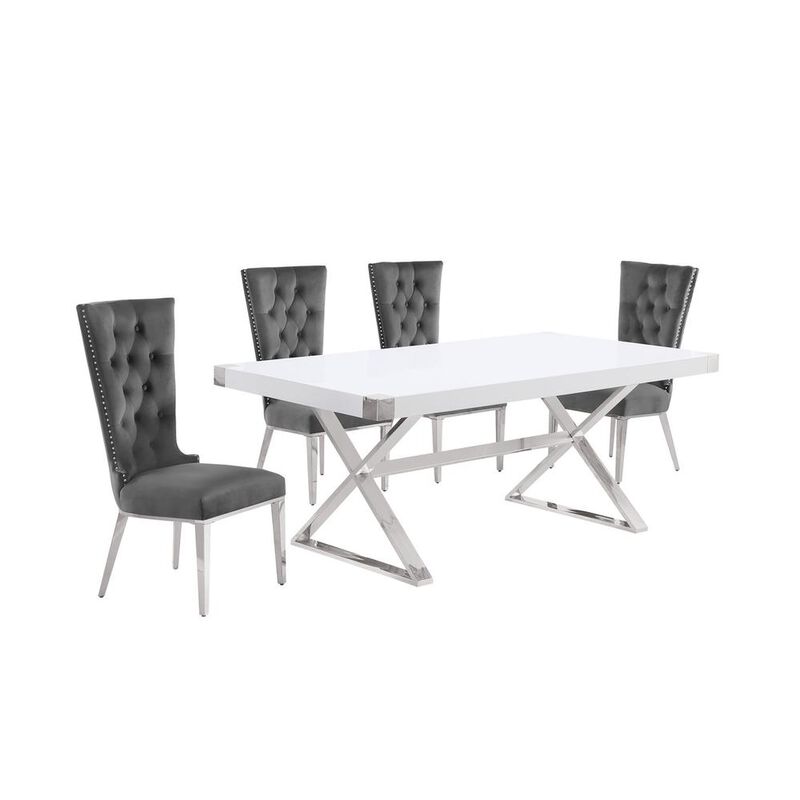 Best Quality Furniture 5pc Small(78) white wood top dining set with silver base and 4 chairs